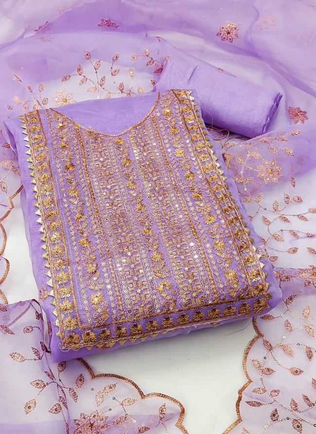 Organza Lilac Festival Wear Sequins Work Dress Material